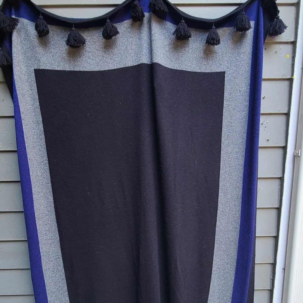 Navy Blue and Gray Large Wrap / Throw with Pom Pom Fringe